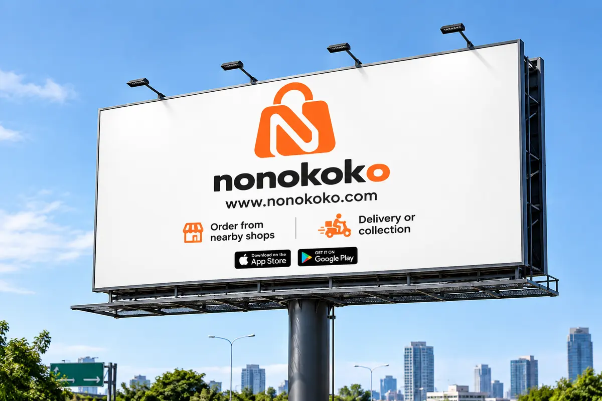 NonoKoko billboard: order from nearby shops, delivery or collection.